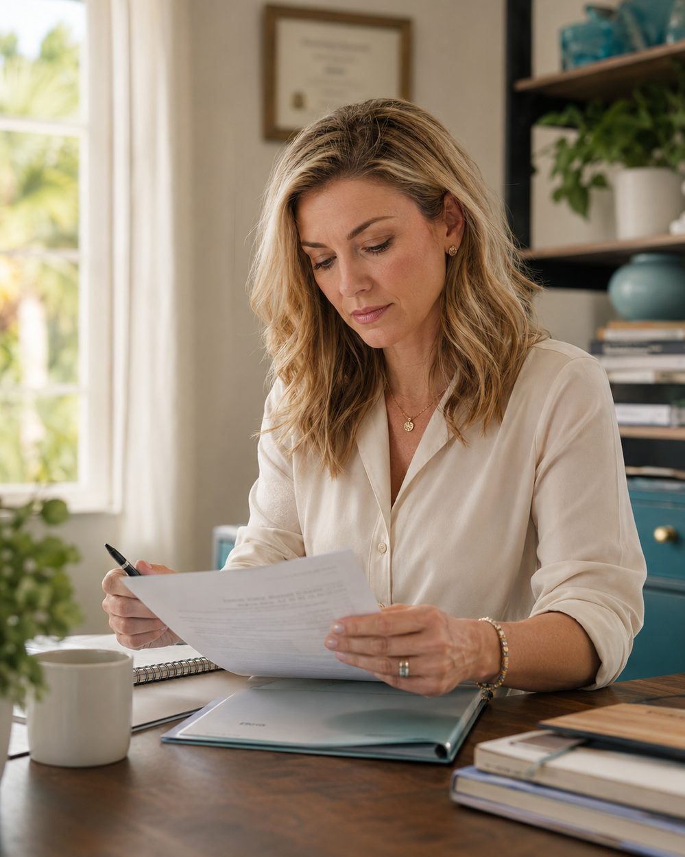 A Florida medical professional reviewing paperwork at her desk
